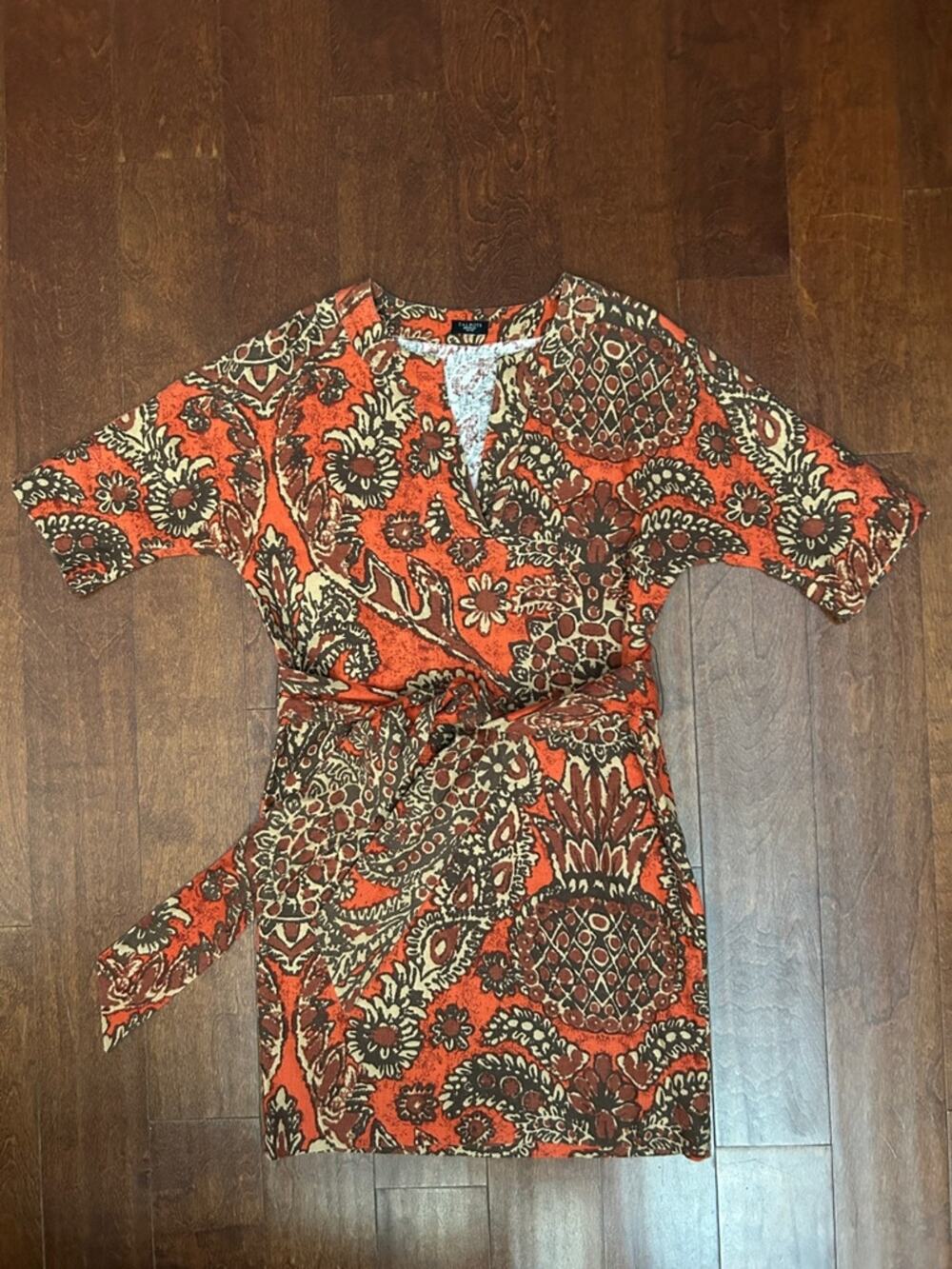 Talbots Linen and Cotton Blend Orange and Brown Floral Simmer Dress, Size 4P